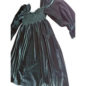 Girls Dark Green Velvety Dress Square Neck Smocked Neck Bodice Christmas Holiday